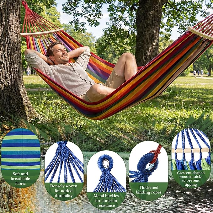 SATINIOR 2 Pack Canvas Portable Camping Hammocks for Outside, 660lb, Large 305 x 150 cm Metal Knot Hanging Hammock with 2 Carrying Bag 4 Tree Strap 4 Anti Roll Balance Beam for Patio Backyard Outdoor