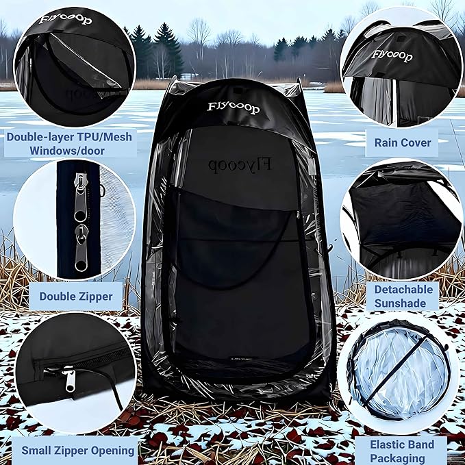 Sports Tent: Flycoop Portable Weather Pop Up Pod 1 Person to Provide Shelter from Wind Rain and Cold Weather Shelter for Outdoor Activities, Sports Events, Camping and Hiking
