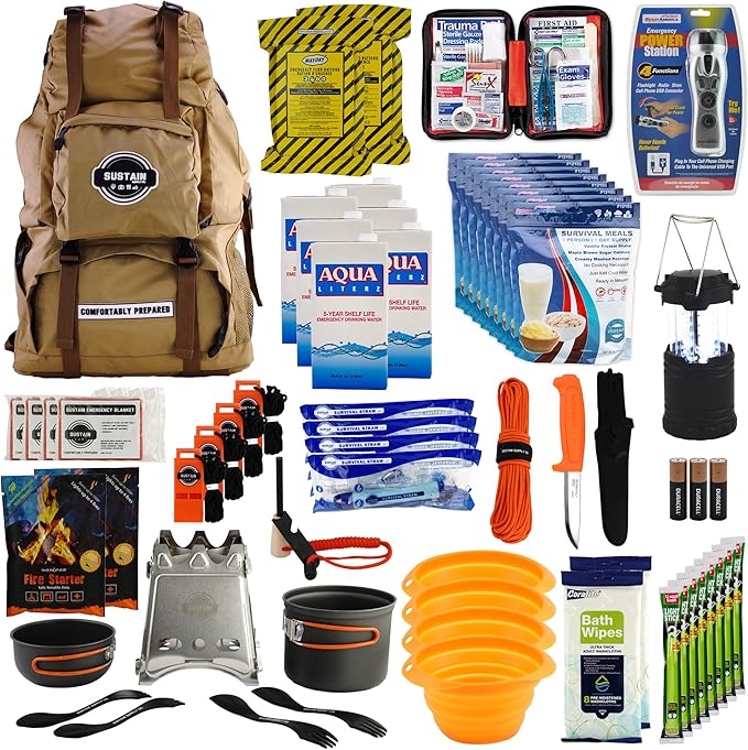 Sustain Supply 4-Person Emergency Comfort Kit – 72-Hour Survival Backpack w/Long-Shelf Food & Water, First Aid, Lighting, Tools & Emergency Supplies for Disaster Preparedness