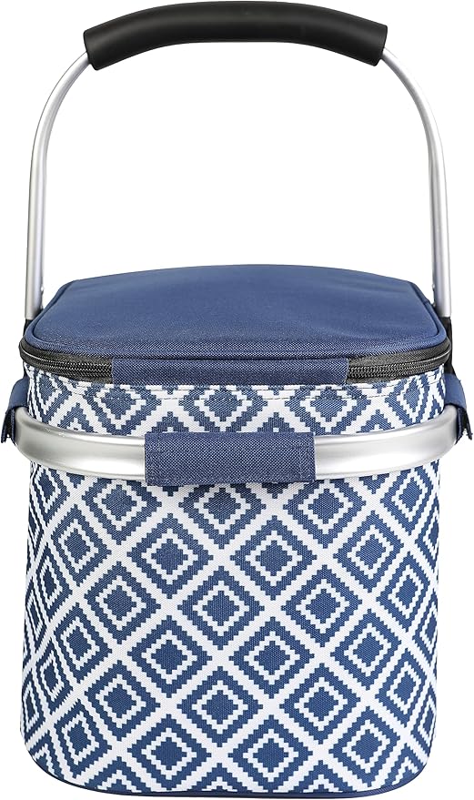 ALLCAMP Picnic Basket - Insulated Cooler, Thickening Foldable Picnic Basket with Removable Baskets & Sewn-in Frame, Basket for House Warming Gifts New Home(Rectangle Blue White)