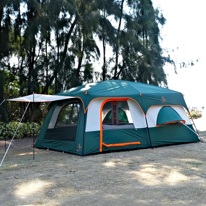 KTT Extra Large Tent 10-12-14 Person(A),Family Cabin Tents,2 Rooms,3 Doors and 3 Windows with Mesh,Straight Wall,Waterproof,Double Layer,Big Tent for Outdoor,Picnic,Camping,Family Gathering