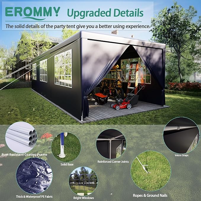 EROMMY Outdoor Party Tent 10x30 FT, Waterproof PE Canopy with 6 Removable Sidewalls and 2 Zipper Doors for Weddings, Events, Backyard Parties, Blue