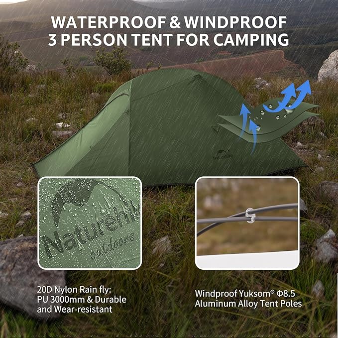 Naturehike Cloud Up 3 Person Backpacking Tent with Footprint - 3 Season Free Standing Lightweight 3 Person Camping Tent | with Footprint, Free Standing, Dome, Camping, Hiking, Waterproof