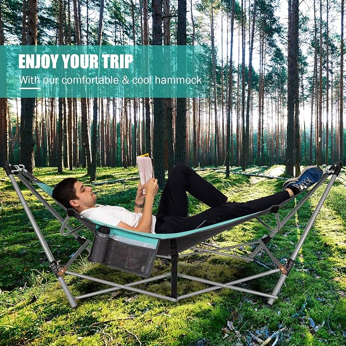 Portable Folding Hammock w/Side Pocket, Lounge Camping Bed w/Metal Stand & Anti-tip Buckles, Outdoor Camping Hammock with Carrying Bag for Patio Garden Yard, Easy Assembly (Turquoise)