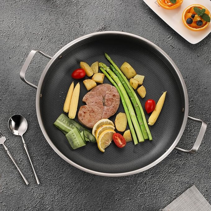 Tri-Ply Stainless Steel Paella Pan Large Saute Pan with Lid (Stainless Steel, Hybrid 12INCH)