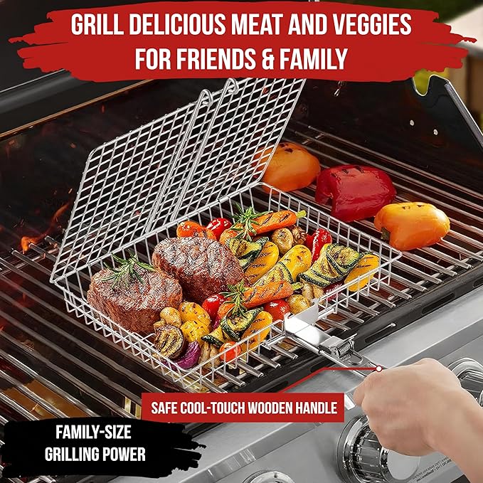 ROASTWURK's Bbq Grill Basket Set For Meat Fish Vegetables Stainless Steel 304 Barbecue Bbq Grilling Accessories Gifts For Men, Removable Wooden Handle Tool Shrimp Outdoor Cooking Camping Tailgating