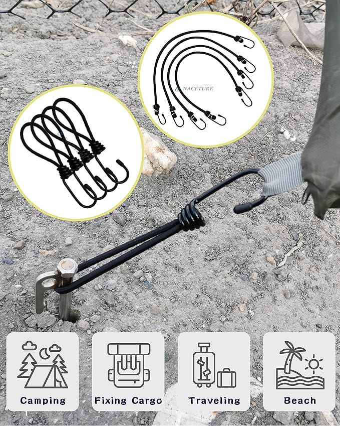 36 Inch Bungee Cord with Hooks Camping Accessories - 3 PCS Heavy Duty Elastic Cord Durable Rubber Canopy Ties Perfect for Camping, Luggage, Tents, Wire Hooks