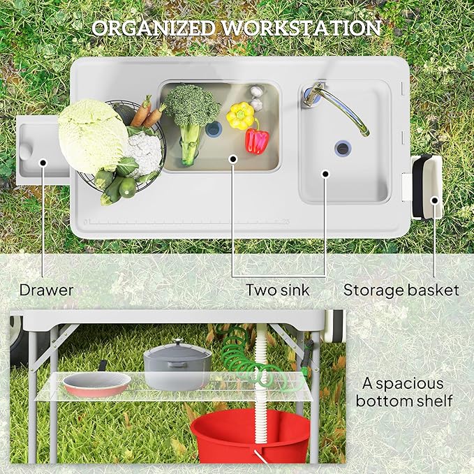 Outsunny Folding Fish Cleaning Table with Sinks, Portable Camping Sink Table, Gray
