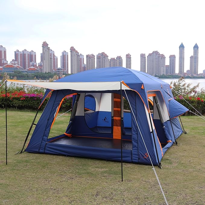 KTT Extra Large Tent 10-12-14 Person(A),Family Cabin Tents,2 Rooms,3 Doors and 3 Windows with Mesh,Straight Wall,Waterproof,Double Layer,Big Tent for Outdoor,Picnic,Camping,Family Gathering
