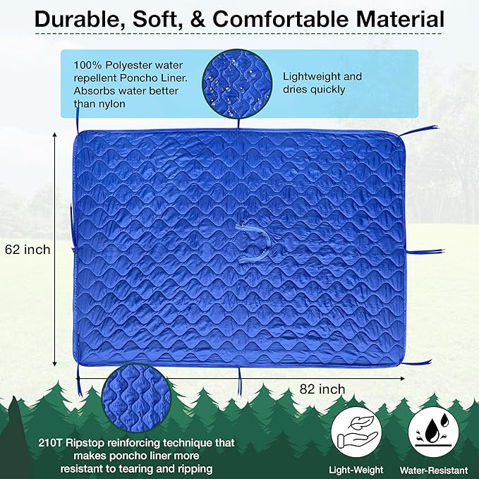 Wearable Blue Military Woobie Poncho Liner with Head Hole. Has Zippers That converts to Sleeping Bag. Water-Resistance, Ripstop Poncho Blanket with Drawstring Bag. Perfect for Outdoor Enthusiasts.