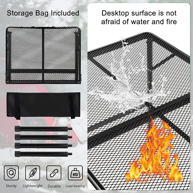 Folding Grill Table Camping Table with Mesh Desktop, Lightweight 3 FT Metal Table for Outside, Height Adjustable Portable Grill Tables for Camping, Picnic, Beach and BBQ, RV