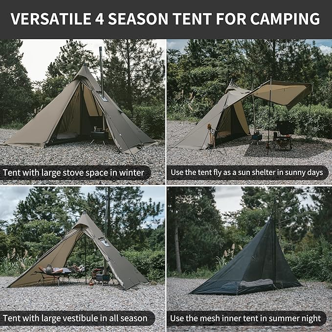 Naturehike Ranch Fire 4 Season Teepee Tent, 2 Person Hot Tent with Stove Jack, Windproof Waterproof Cold Weather Winter Tents for Camping