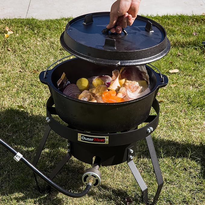 85000 BTU Camping Stove for Cast Iron Dutch Oven,Single Propane Burner with 10 PSI Regulator & Cast Iron Braided Holes, Heavy Duty Round Gas Stove for Outdoor Cooking & Camping