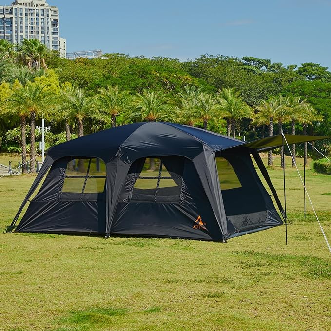 KTT Extra Large Tent 12 Person,Family Cabin Tents,Awning,2 Rooms,4 Doors and 4 Windows with Mesh,Straight Wall,Waterproof,Double Layer,Big Tent for Outdoor,Picnic,Camping,Family Gathering