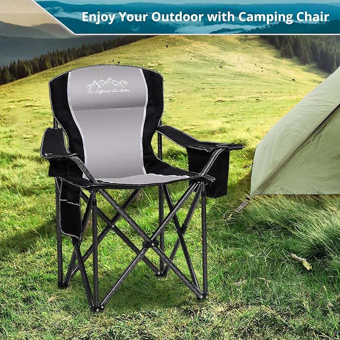2PCS Folding Camping Chair, Heavy Duty Portable Lawn Chairs with Cooler Bag, Side Pocket & Cup Holder, Folding Chairs for Outside Support 450lbs Black