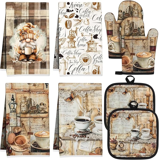 8 Pcs Coffee Kitchen Gift Dish Towel Pot Holder Oven Mitt Set 4 Tent Car Tea Towels with Funny Sayings Novelty 2 Oven Mitts 2 Pot Holders Coffee Accessories Decor for Rv