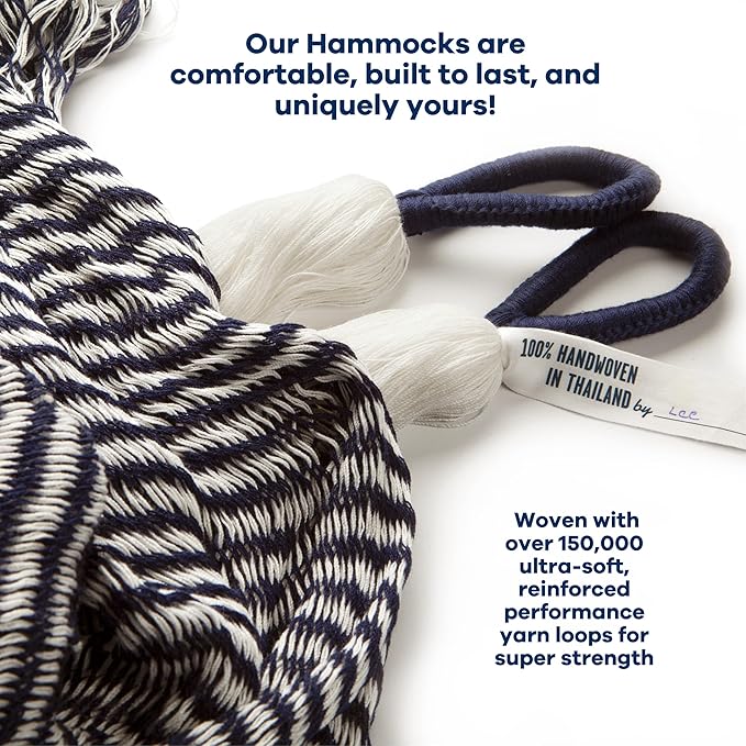 Handwoven Hanging Chair by Yellow Leaf Hammocks - Fits 1 Person, 330lb Max - Kick Back for Full-Body Recline - Weathersafe, Ultra Soft, Hang Anywhere - Color: Stripe Navy Blue - White