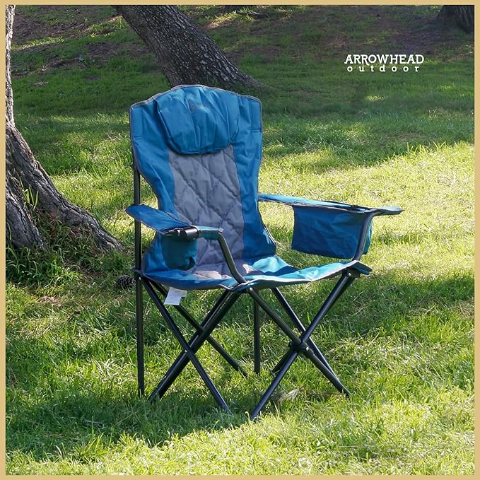 ARROWHEAD OUTDOOR Portable Deluxe Folding Camp Quad Chair w/Headrest, Glass & Cup Holders, Armest 6-can Cooler, Heavy Duty Carry Bag, 550 lbs Weight Capacity