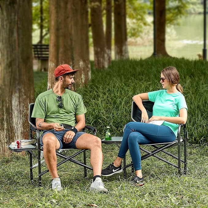 TIMBER RIDGE Lightweight Oversized Camping Chair, Aluminum Directors Chair with Side Table for Outdoor Camping, Lawn, Picnic and Fishing, Supports 400lbs, Black 2PCS