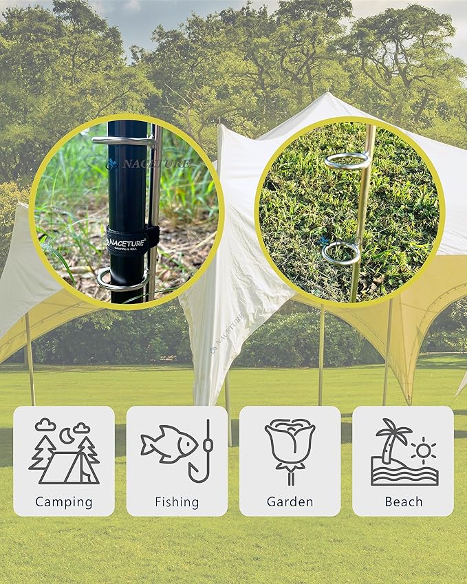 NACETURE Flag Pole Anchors 2 Pack - Grass Umbrella Anchors Stand - Heavy Duty Stainless Steel 304 Steel Pole Holder Ideal as Camping Tent Holder, Sand Auger, Telescoping Tarp Poles