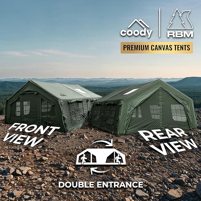 Coody Inflatable Canvas Camping Tents with Stove Jack – Premium Air Beam Family Glamping Tent, Breathable Cotton Canvas, Fast Setup Air Tent with Pump