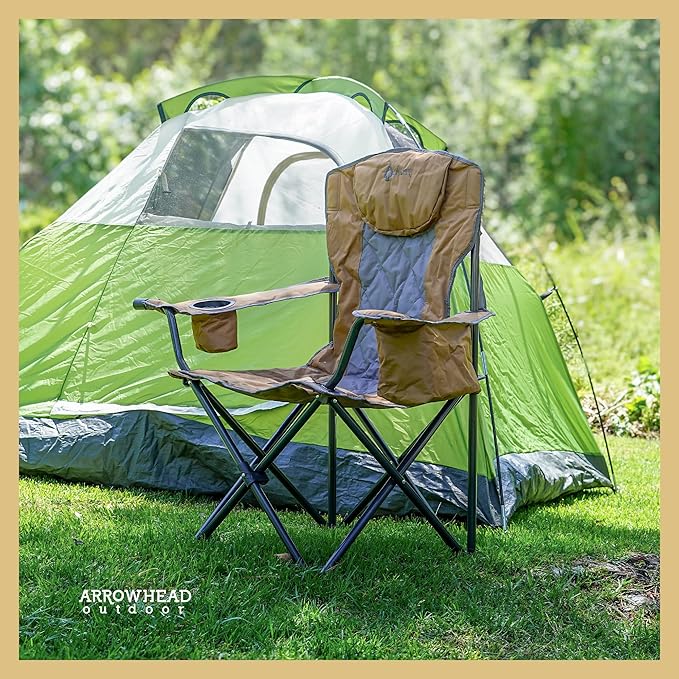 ARROWHEAD OUTDOOR Deluxe Folding Camp Chair – 550lb Capacity Heavy-Duty Quad Chair with Integrated Cooler, Headrest, and Dual Cup Holders.