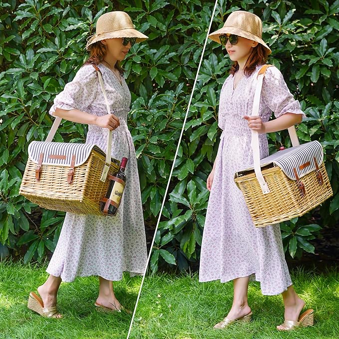 Wicker Picnic Basket for 2 with Detachable Table, Elasticated Wine Holder, Shoulder Carrying Willow Picnic Hamper Set with Premium Tableware & Blanket for Outdoor, Wedding, Anniversary, Birthday Gift