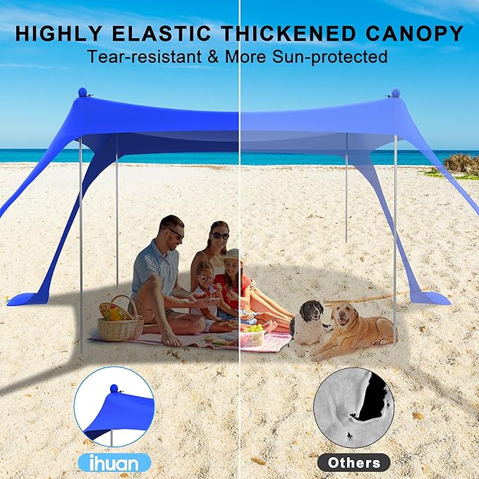 ihuan Beach Tent Sun Shelter 10X10FT UPF50+ with 4 Aluminum Foldable Poles, Easy Setup Outdoor Shade Canopy for 8 Person, Camping Sun Shelter for Fishing, Family Trips, Backyard Picnics