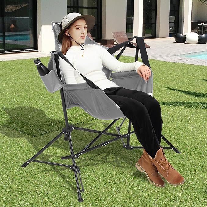 Hammock Folding Camping Chair - Outdoor Portable Swing Camp Chairs Set of 2 with Stand Adults Rocking Swinging Chair for Beach Lawn Patio (Grey)