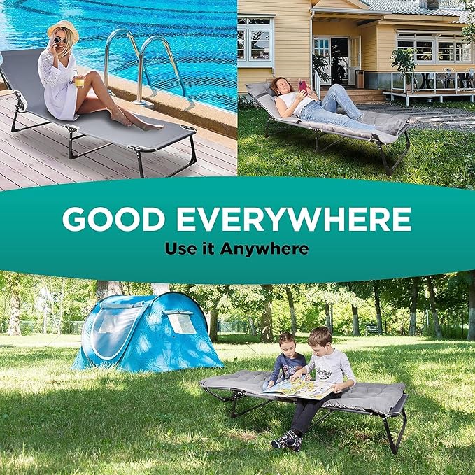 ZONETECH Folding Cot & Pad Mattress 4 Position Adjustable Portable, Premium Quality for Adult and Kids-Perfect for Camping, Travel, Patio, Beach, Indoor & Outdoor Activity (3-Pack)