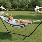 Double Hammock with Steel Stand - 2 Person Hammock Bed Indoor Outdoor, Brazilian-Style, with Carry Bag, 450lb Capacity, Portable & Easy Assembly, Blue&White