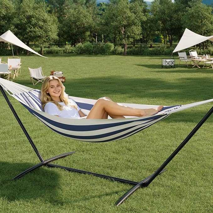 Double Hammock with Steel Stand - 2 Person Hammock Bed Indoor Outdoor, Brazilian-Style, with Carry Bag, 450lb Capacity, Portable & Easy Assembly, Blue&White