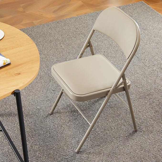 DUMOS 4 Pack Leather Padded Folding Chair, Indoor Outdoor Portable Stackable Commercial Seat with Steel Frame, Capacity for Home, Office, Party, Comfy, Kahki