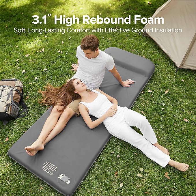 Self-Inflating Sleeping Pad for Camping, 3.1" Ultra-Thick Outdoor Camping Mat with Pillow & 9.5 R-Value, Insulated All-Season Foam Sleeping Pad for Camping Travel Tent Car,Gray