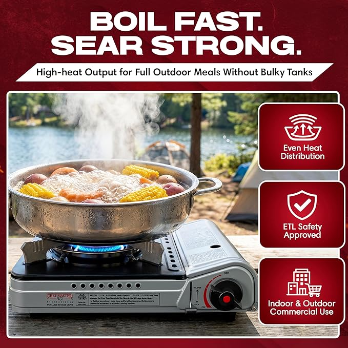 Chef Master 12,000 BTU Portable Butane Stove - Gas Burner for Camping & Outdoor Cooking - Countertop Cooktop with Carry Case, Wind Guard & Electronic Ignition - Portable Cooker & Burner Stove – 90235