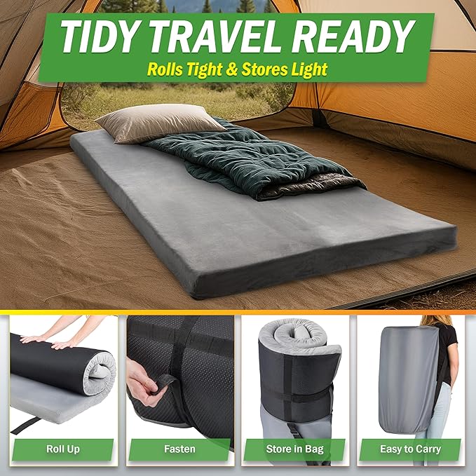 Memory Foam Camping Mattress - 3.5-Inch Thick Sleeping Pad for Camping Gear - Dual-Layer Roll Up Portable Bed for Car, Truck, Camp Tent, Cot Mattress, or Sleepover Guests by Wakeman Outdoors (Gray)