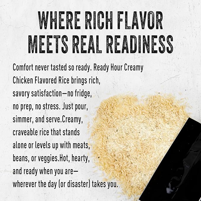 Ready Hour Creamy Chicken Flavored Rice Case Pack – Freeze-Dried Emergency Food with a Long 25-Year Shelf Life, Shelf-Stable Camping Meal and Survival Kit, – 24 Servings (6 Pouches)