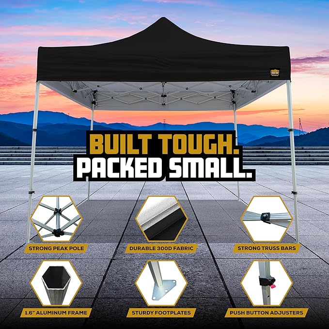 8x8 Heavy Duty Pop Up Canopy - Easy Setup, Commercial Grade Aluminum Frame, 42” Folded Frame Height, UPF 50+, Adjustable Portable Tent for Beach, Events, Camping, Roller Bag (Black)
