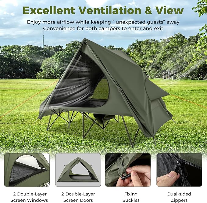 GYMAX 2-Person Camping Cot Tent, Foldable Off-Ground Cot Bed Combo with Portable Wheeled Bag, Waterproof Rainfly, 2 Mesh Doors & Skylight Roof for Adults, Hiking, Backpacking, Outdoor