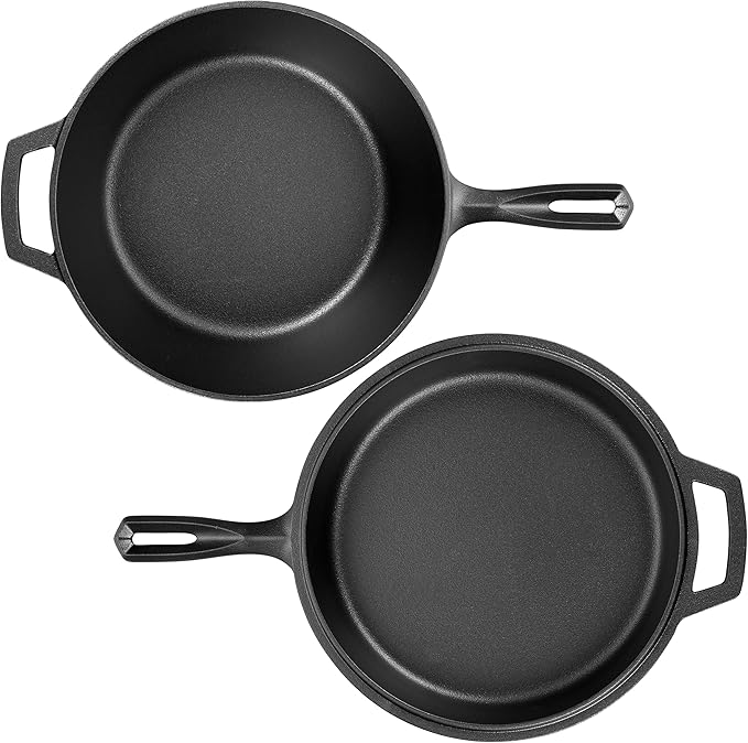 Pre-seasoned Cast Iron Double Dutch Oven Pot with Skillet Lid, for Bread Baking, Outdoor, Campfire Cooking, 3 Quart