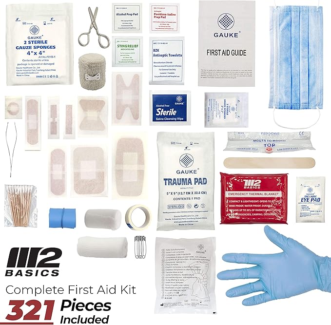 M2 BASICS Premium 321 Piece First Aid Kit, All Purpose Kit with Hard Case for Home, Car, Business, School, Office & Vehicle
