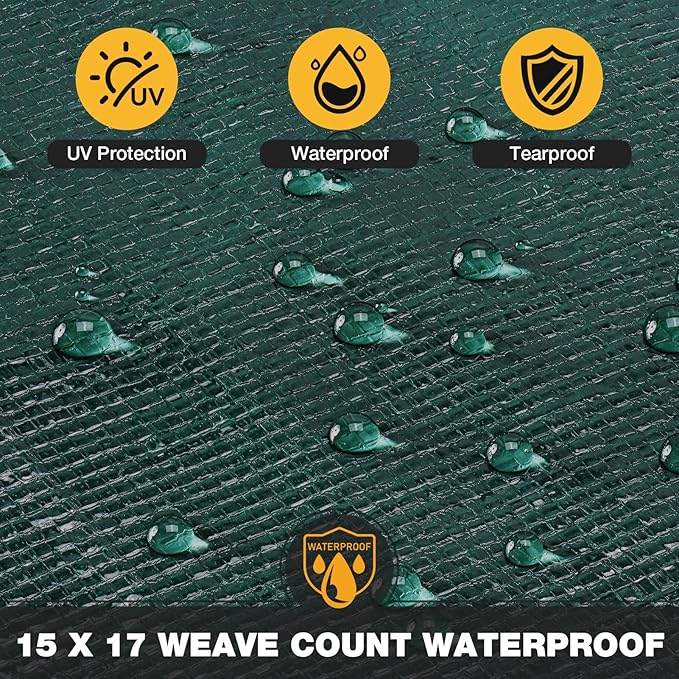 Tarp 8x10 Feet 16 Mil Heavy Duty Waterproof Tarp, Large Multipurpose Cover with Brass Grommets and Reinforced Edges, UV Resistant Thick Poly Tarps for Outdoor Camping Tent Pool Car, Green