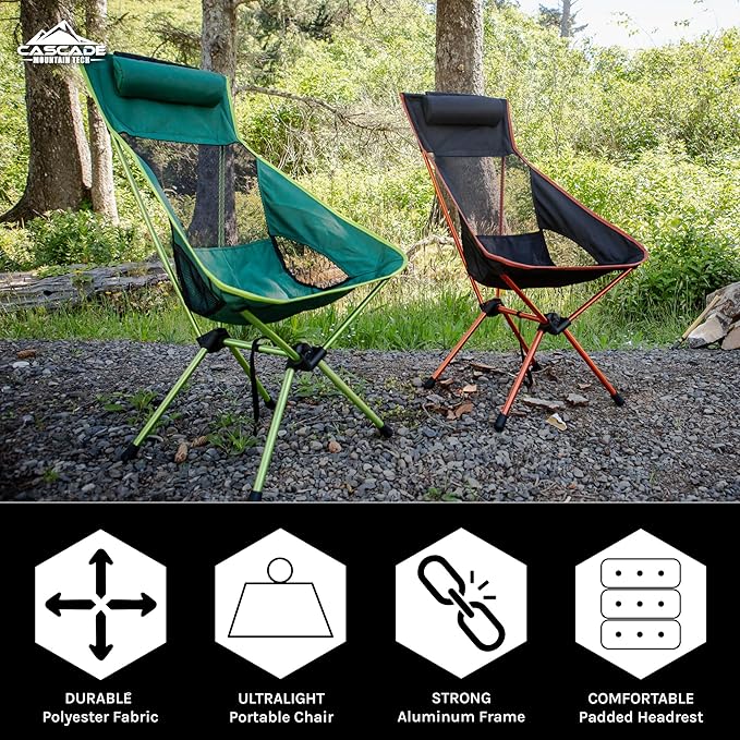 Cascade Mountain Tech Outdoor High Back Lightweight Camp Chair with Headrest and Carry Case - Black