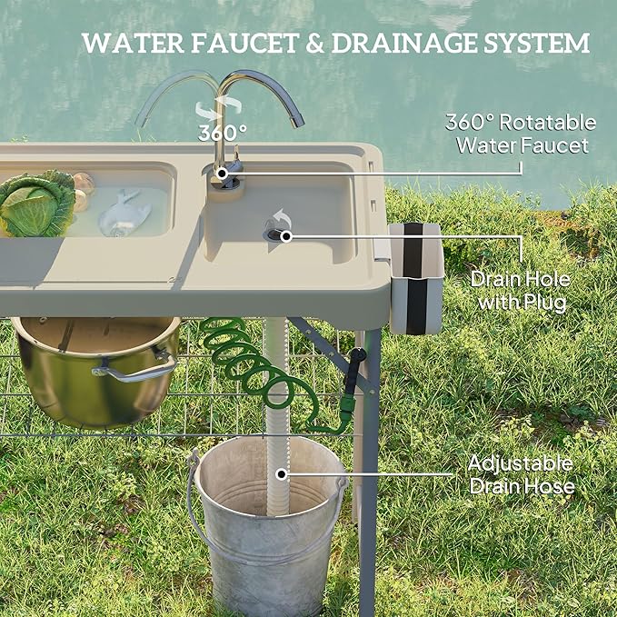 Outsunny Folding Fish Cleaning Table with Sinks, Portable Camping Sink Table with Faucet, Drainage Hose, Sprayer, Shelf, Drawer and Storage Basket, Outdoor Fillet Table for Picnic Beach Patio, Tan