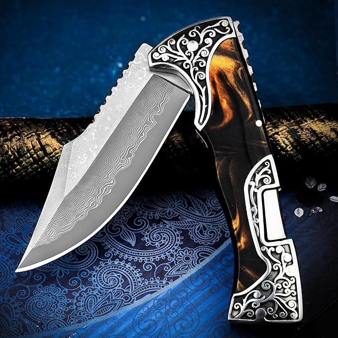 VALHALLA MAGE Damascus Pocket Knife, 3.5'' Sharp Blade Pocket Folding Knife with Back Lock, Cool EDC Pocket Knife with Clip For Men Collector