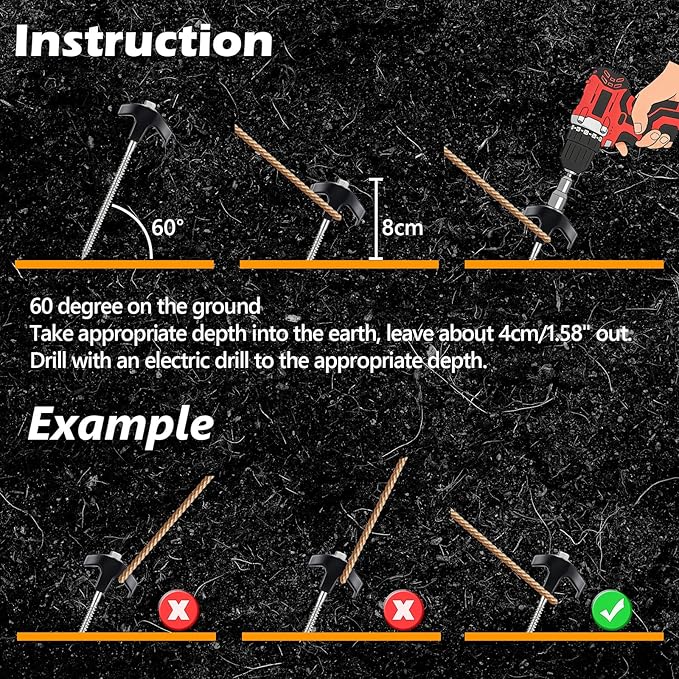 8" Heavy Duty Screw in Tent Stakes, Metal Camping Stakes, Drill-In Ground Anchor, Threaded Stakes for Canopies, Gardening, Yard Inflatables, with Hex Socket and Storage Bag (12, Black)