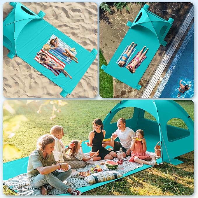 Beach Tent Sun Shelter with Extended Sand Mat 114×82inch，UPF 50+ Protection, 3 Double-Layer Windows for Enhanced Privacy; Portable Beach Shade, 3-4 People. Windproof and Waterproof