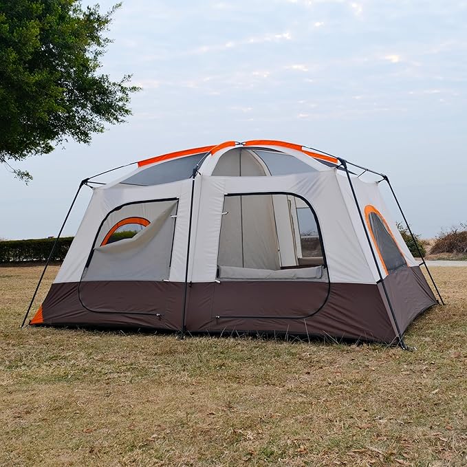 KTT Large Tent 6-8-10 Person,Family Cabin Tents,2 Rooms,2 Doors and 4 Windows with Mesh,Straight Wall,Waterproof,Double Layer,Big Tents for Outdoor,Picnic,Camping,Family Gathering