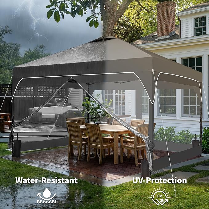 GDY 8x8FT Outdoor Pop Up Canopy Tent with One Push Setup, Easy Setup Gazebo with 4 PVC Transparent Sidewalls for Events, Parties, Camping, Gray