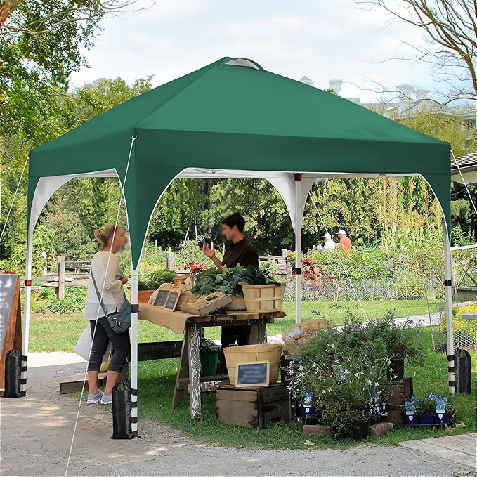 Yaheetech 10x10 Pop Up Canopy Tent with Vent, Easy Set Up Tent, Instant Sun Shelter Canopy with Wheeled Bag, 4 Sandbags, 12 Stakes & 4 Ropes, for Parties, Beach, Outdoor, Dark Green